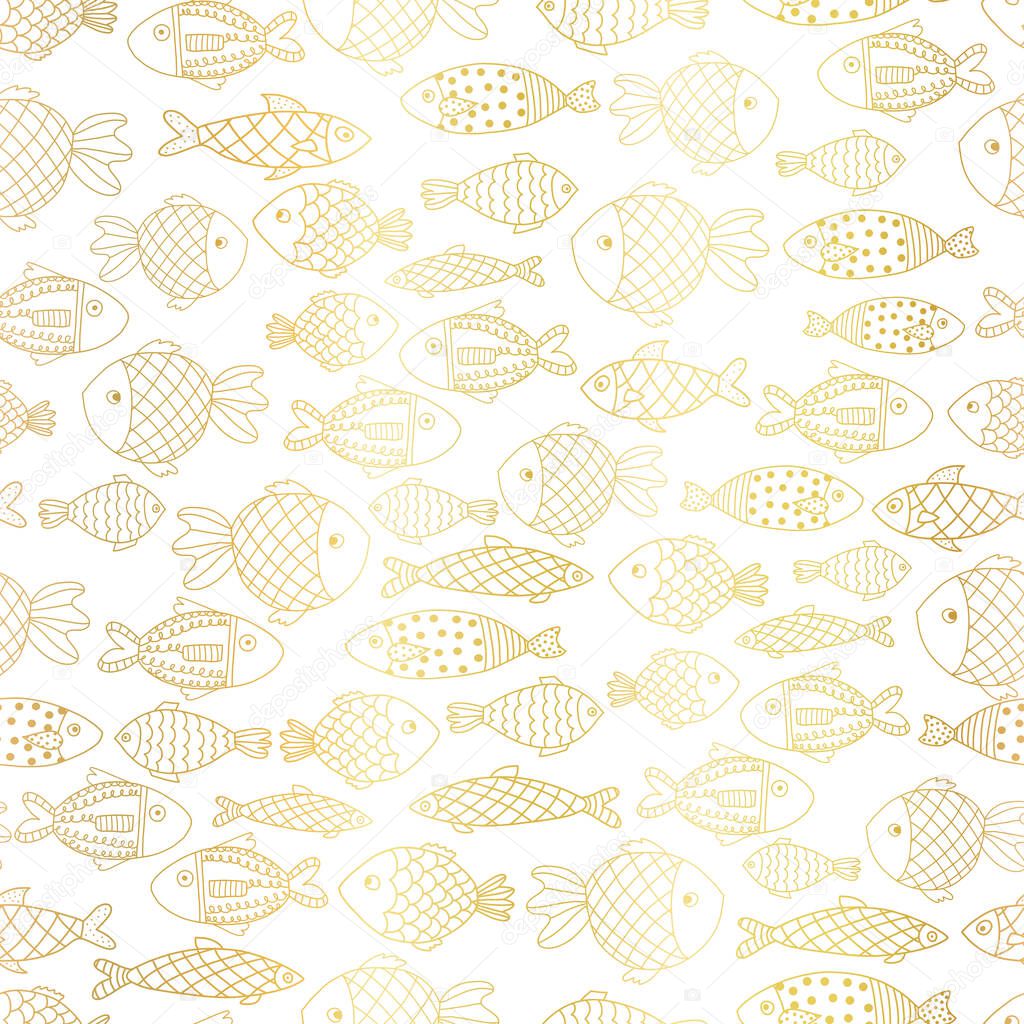 Metallic gold foil fishes seamless vector pattern. Golden doodle line art ocean animal repeating background. School of tropical fish. Marine summer pattern. 