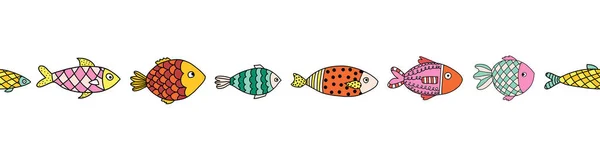 Fiskar sömlös vektorgräns. Söt färgglada klotter linje konst hav djur upprepande mönster. — Stock vektor