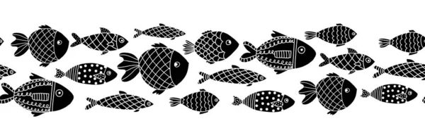 Poissons monochromes bordure vectorielle sans couture. Noir sur blanc doodle fish line art. Animaux marins répétant la frontière vectorielle . — Image vectorielle