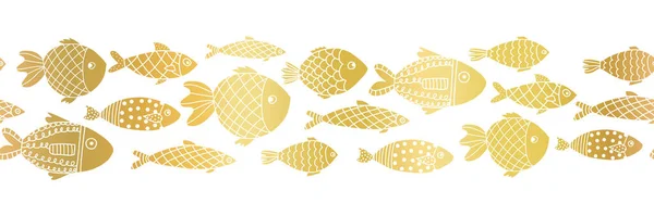 Metallisk guldfolie fiskar sömlös vektorgräns. Gyllene havsdjur repeterar mönster. Skola av tropiska fiskar. Marint sommarmönster för banderoller, band, fot, kortdekoration — Stock vektor