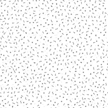 Farklı el çizimi şekilli Memphis tarzı karalama vektör deseni. Siyah geometrik çizgileri, daireleri, beyaz üçgenleri olan kusursuz bir arka plan. Tek renkli Memphis hipster tarzı çizim.