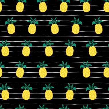 Siyah beyaz çizgili ananaslar kusursuz vektör desenli. Tekrarlanan tropik yaz karalama geçmişi. El yapımı egzotik meyve izole edilmiş. Kumaş, yaz dekorasyonu, çocuk kıyafetleri, plaj giysileri.