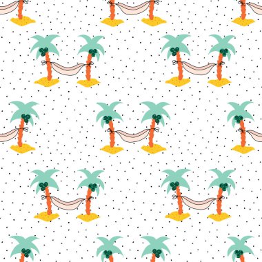 Hindistan cevizi palmiyeleri arasındaki hamak vektör arkaplanını tekrarlıyor. Kusursuz yaz düzeni. 