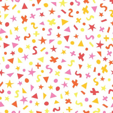 Çocuklar geometrik şekiller, kusursuz vektör desenleri. Üçgenler, noktalar, yıldızlar ve beyaz zemin üzerinde pembe, turuncu, kırmızı ve sarı daireler. Kumaş, yüzey deseni dekoru için geometrik şekiller
