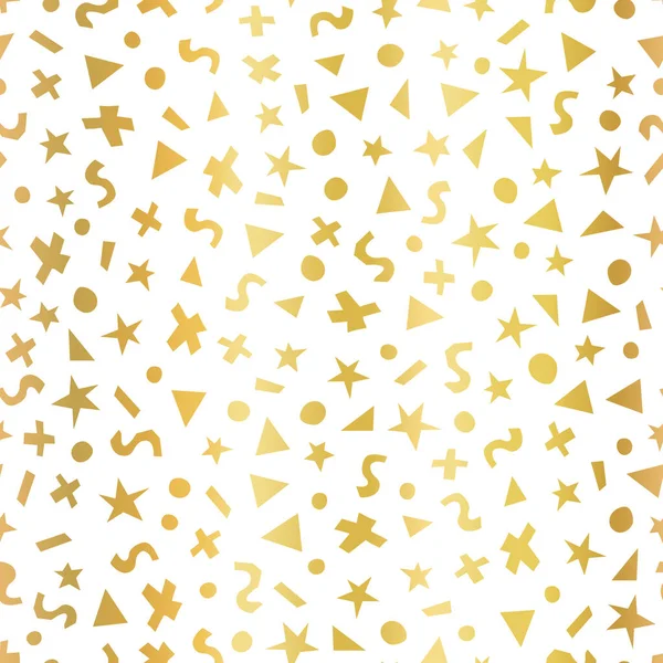 La feuille d'or géométrique forme un motif vectoriel sans couture. Triangles, points, étoiles et cercles en fausse texture métallique dorée sur fond blanc. Formes géométriques toile de fond pour décor de motif de surface — Image vectorielle