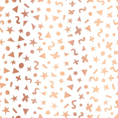 Bakır folyo geometrik şekiller kusursuz vektör desenleri. Üçgenler, noktalar, yıldızlar ve beyaz arkaplandaki sahte metalik altın gül dokusu. Yüzey deseni için Memphis tarzı arkaplan