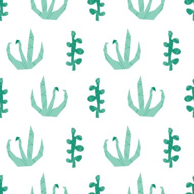 Soyut yeşil bitkiler kusursuz vektör deseni. Kağıt kesim biçimi desenli doğa arkaplanını tekrarlıyor. 