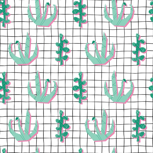 Papierschnitt Collage Pflanzen nahtlose Vektormuster. Abstrakte Pflanzenformen im 3D-Stil in Grün und Krickente auf einem schwarz-weißen Gitterhintergrund. Minimalistische Naturtextur, die sich wiederholt. — Stockvektor