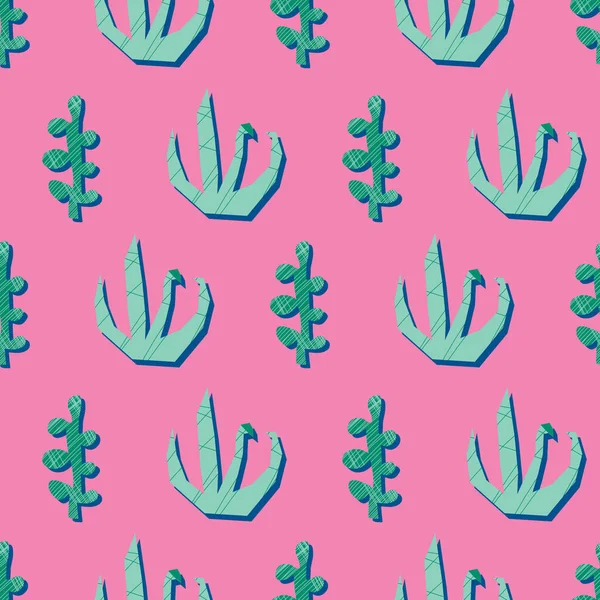Pembe çağdaş kolaj üzerindeki yeşil bitkiler kusursuz vektör deseni. Kağıt kesim biçimi soyut doğa arkaplanını tekrarlıyor. 