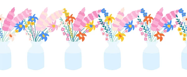 Квіткова ваза безшовна векторна рамка. Повторювані візерункові вази з весняними та літніми квітами. Використовувати для обробки тканини, стрічок, стрічок, карток, запрошень на літню вечірку, листівок, весільного декору — стоковий вектор