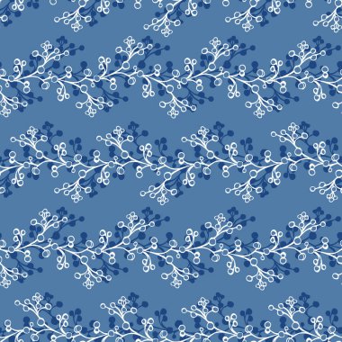 Seamless horizontal floral vector pattern. Small white branches with buds on blue background. Ornament for invitations, envelope, fabric, wallpaper or scrapbooking projects.