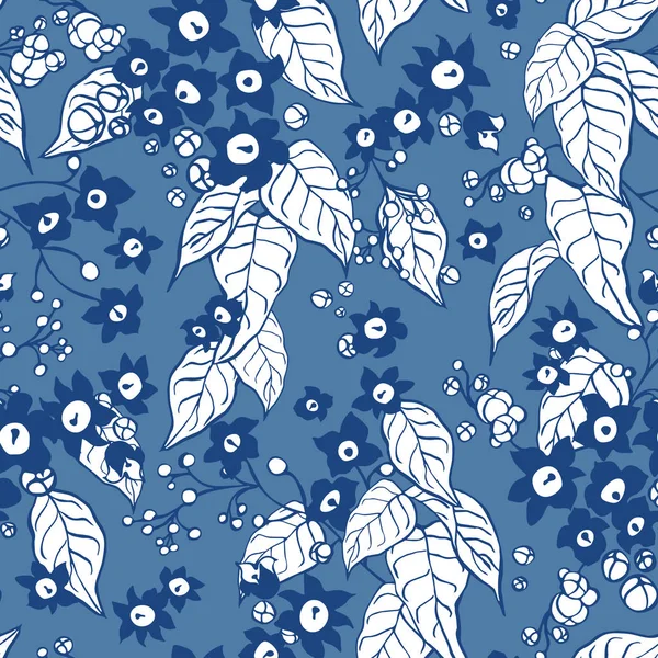 Belo padrão floral árvore florescente azul com motivos botânicos monocromáticos espalhados aleatoriamente. Fundo de textura vetorial sem costura para estampas de moda, papéis de parede, scrapbooking em estilo desenhado à mão . — Vetor de Stock