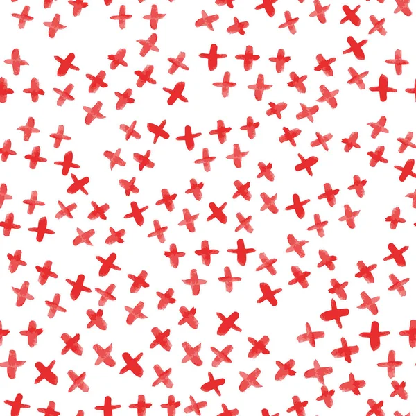 La cruz roja pintada a mano motiva una textura vectorial perfecta. Pinceladas de pincel de acuarela sobre fondo blanco para tela, papel pintado, tarjetas, moda o fondos . — Vector de stock