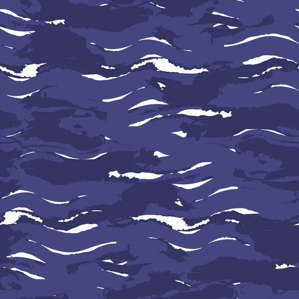Grunge vector kwast streelt golven naadloze herhaling patroon achtergrond in marine blauw en wit kleuren voor stof, behang, papier, uitnodigingen of achtergronden. — Stockvector