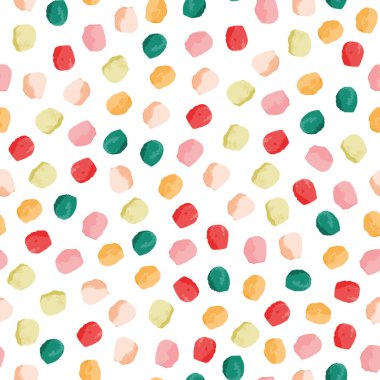 Dokusal noktalar vektörsüz desen. Kızsal, pürüzsüz desen. Pembe, yeşil, sarı, kırmızı daireler beyaz arka planda. Vektör çizimi. Yüzey deseni tasarımı.