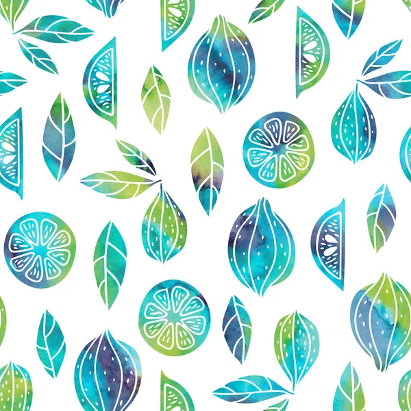 Watercolor lemon blue and green seamless raster pattern on white background. Surface pattern design. — Stock Photo, Image