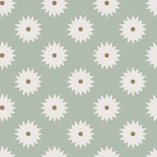 Modèle floral abstrait simple. Vecteur sans couture vert olive et fond blanc. Ornement géométrique de tête de fleur pour tissu, scrapbooking, papier peint ou milieux . — Image vectorielle