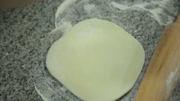 Woman Sprinkling Flour Rolling Dough Kitchen — Stock Video