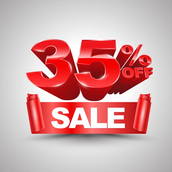 35 percent off sale red ribbon banner roll 3D style. — Stock Vector