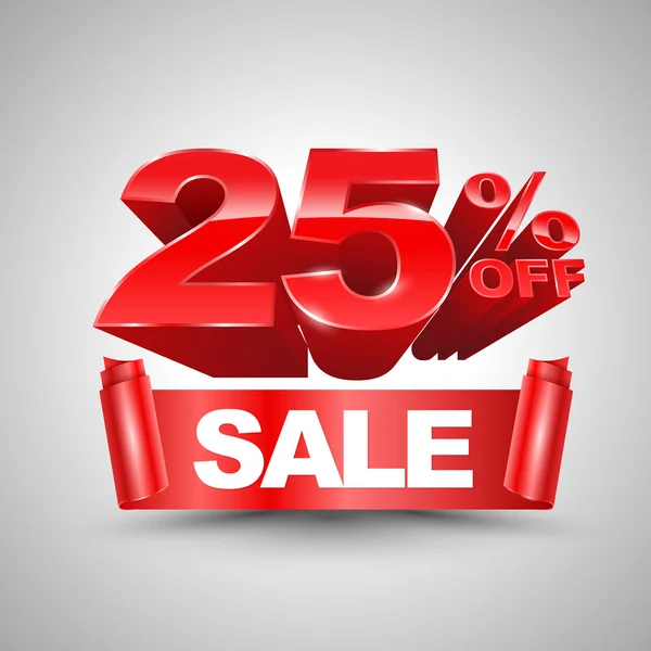 25 percent off sale red ribbon banner roll 3D style. — Stock Vector