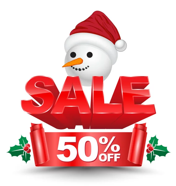 3D Boże Narodzenie sprzedaż 50 procent off czerwony transparent z głowa mężczyzna śniegu — Wektor stockowy
