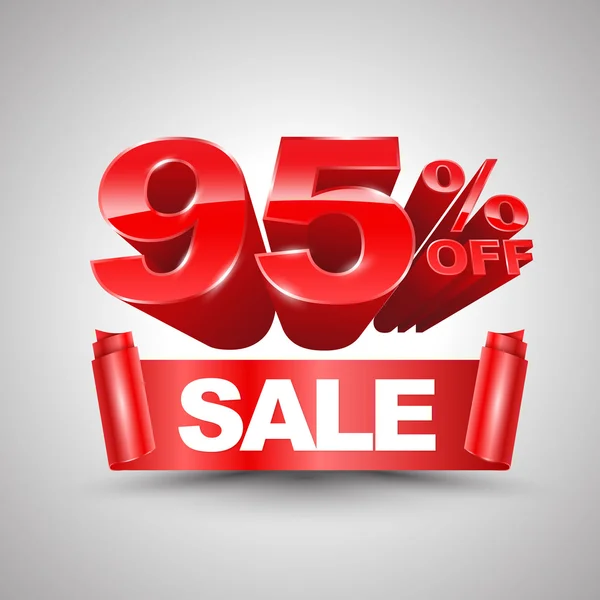 95 percent off sale red ribbon banner roll 3D style. — Stock Vector