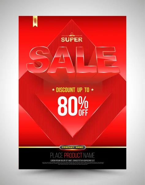 Red template super sale poster discount up to 80 percent with arrow. — Stock Vector