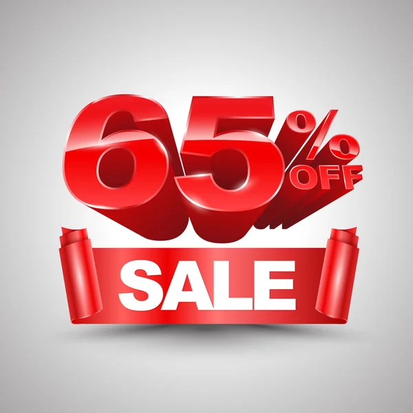 65 percent off sale red ribbon banner roll 3D style. — Stock Vector