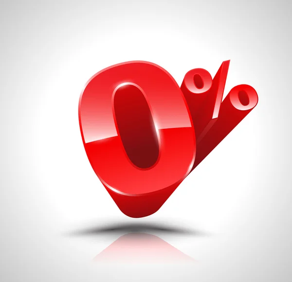 Červená, nula procent nebo 0 % izolovaných na bílém pozadí s odleskem. — Stockový vektor