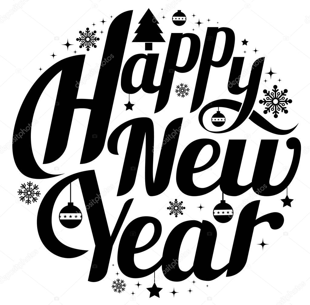 Happy New Year, lettering Greeting Card design circle text frame.