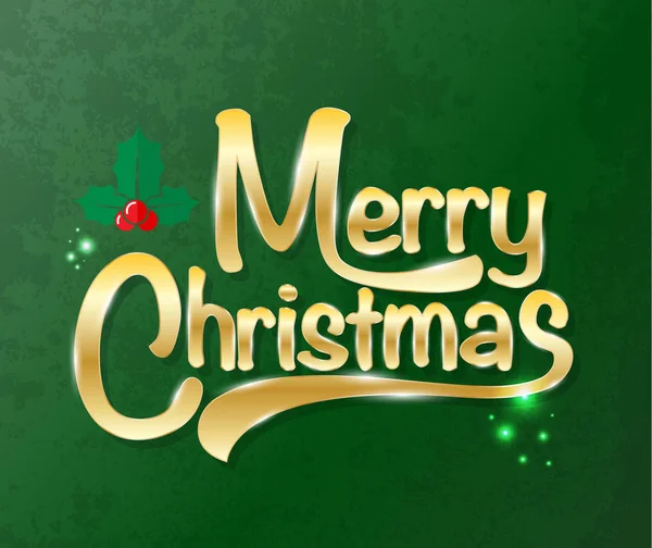 Merry Christmas Gold text on green texture background. — Stock Vector