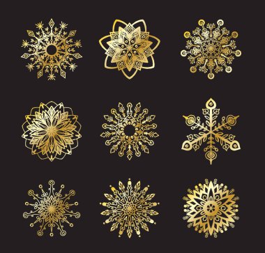 Vektör kar taneleri altın kümesi. Vektör çizim.