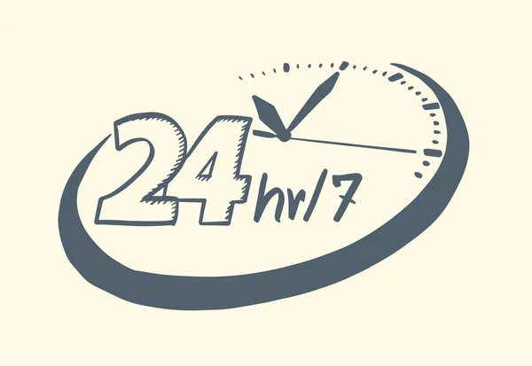 24 heures 7 jours horloge style tiré — Image vectorielle