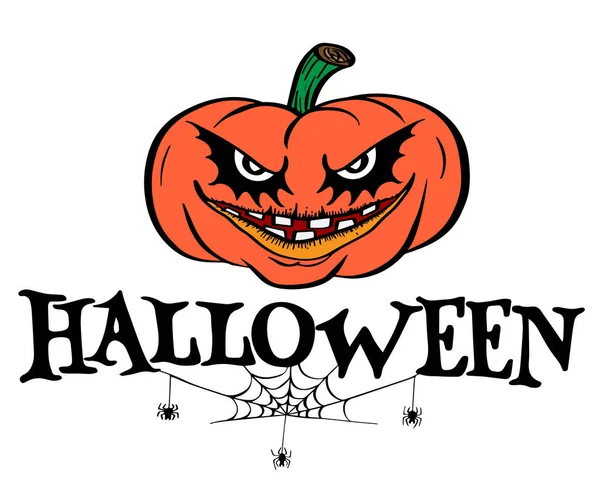 Design del testo di Halloween con zucca e ragnatela . — Vettoriale Stock