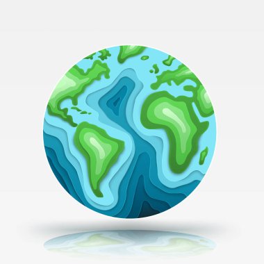 Yeşil kağıdın dünya haritasını çizmesi. Gezegen korunumu için katmanlı kağıt kesiti vektör çizimi.