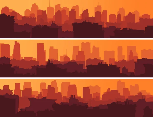 Set di striscioni con grande città al tramonto . — Vettoriale Stock