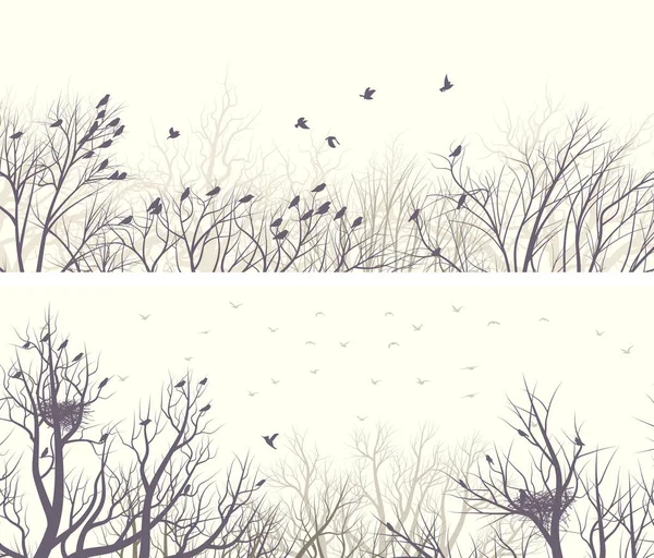 Horizontale brede banners bos met takken en vogels. — Stockvector