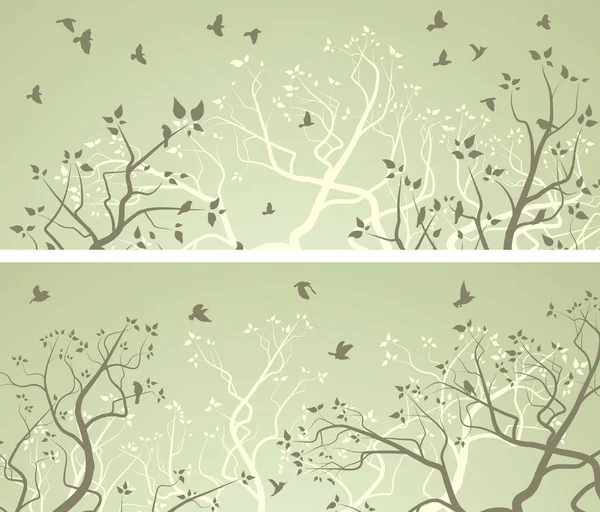 Horizontal wide banners of tree branches and flock of birds. — Stock Vector