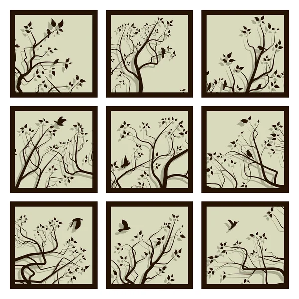 Abstract square icons framed tree branches and flock of birds. — Stock Vector