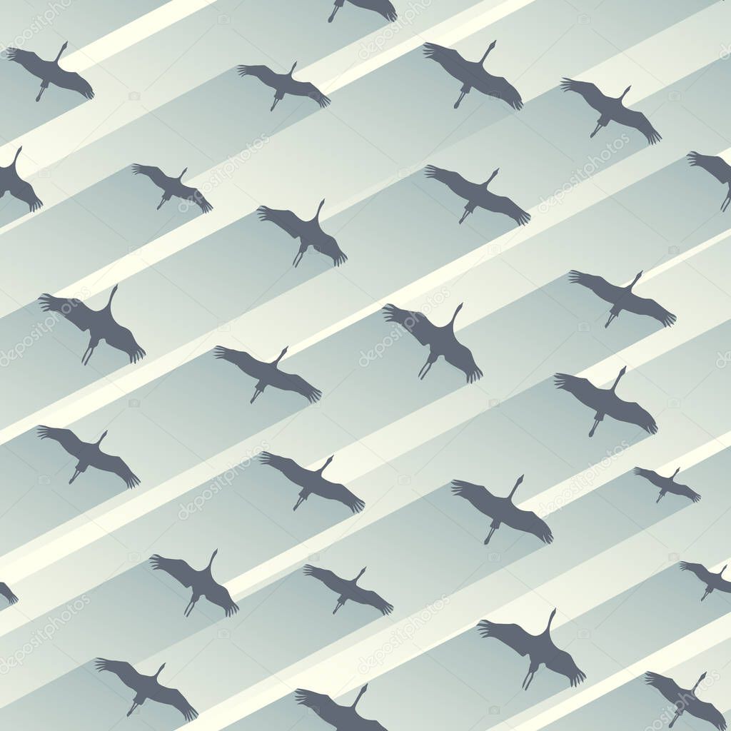 Seamless abstract background flock of cranes.
