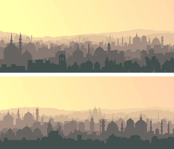 Bandeiras horizontais largas de grande cidade muçulmana ao pôr-do-sol . — Vetor de Stock