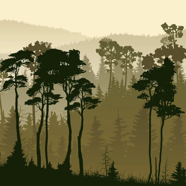 안개 낀 숲 언덕의 사각형 그림. — 스톡 벡터