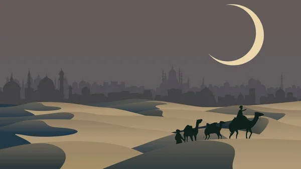 对贝都因人沙漠骆驼队矢量城市上空. — 图库矢量图片
