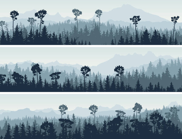 Set of horizontal banners hills of coniferous wood.