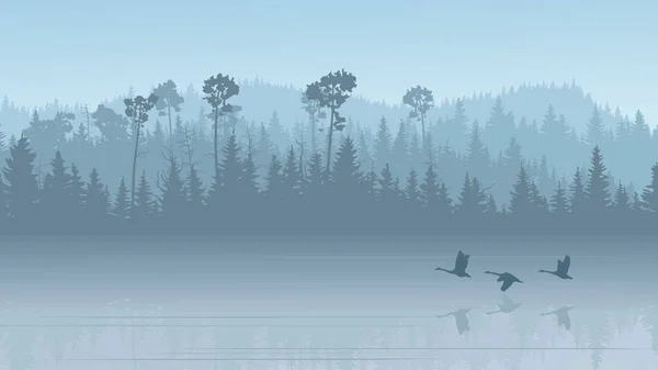 Ilustración de colinas forestales con su reflejo en el lago con sw — Vector de stock