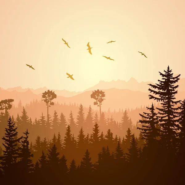 Square illustration of foggy sunset forest hills. — Stock Vector