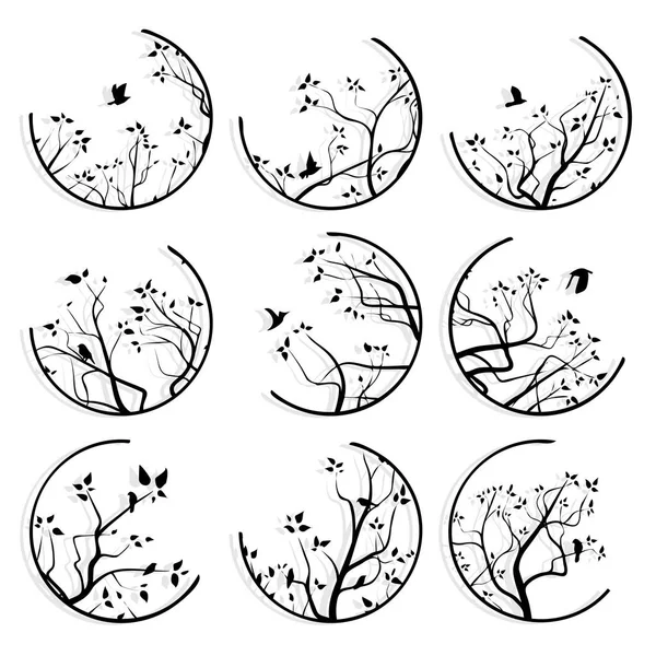 Abstract round icons framed tree branches and flock of birds. — Stock Vector
