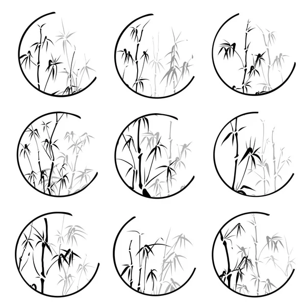 Abstract round icons framed bamboo trees. — Stock Vector