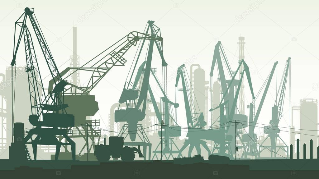 Horizontal illustration of port with cargo crane tower.