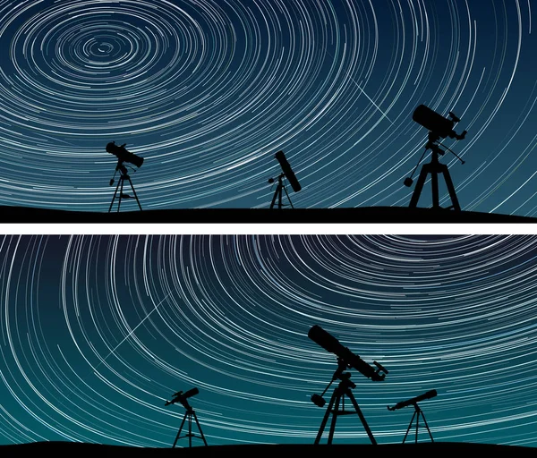 Horizontale banners van sterren trace cirkels op de hemel met telescoop — Stockvector